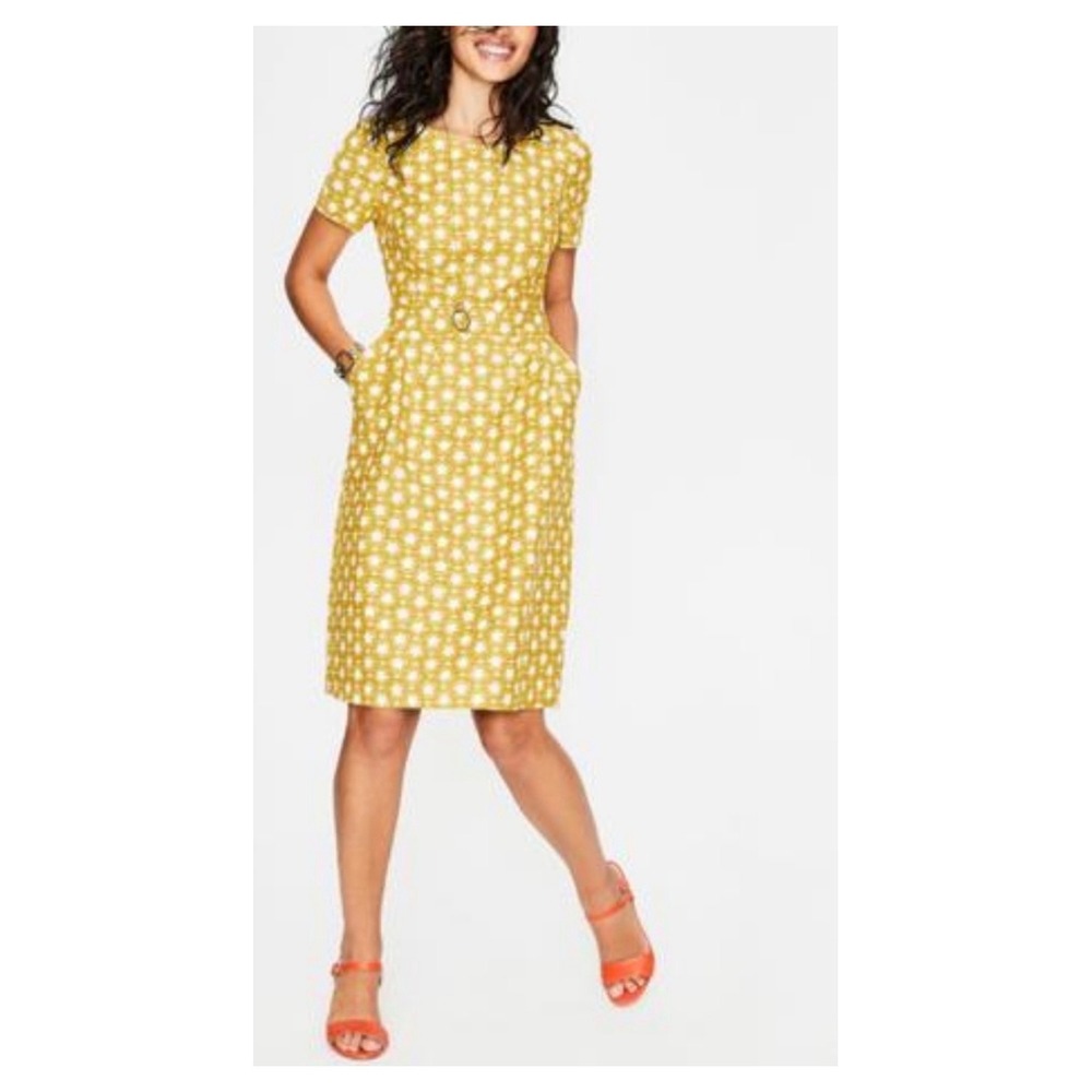 Boden Yellow Floral Sheath Dress with Pockets Size 16L Retro Cottagecore 60s Mod